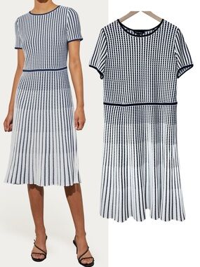 Ming Wang Grid Stripe Flare Knit Dress Indigo Navy & White Midi size Large